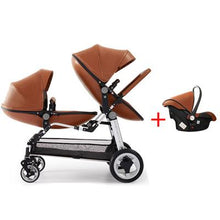 Load image into Gallery viewer, Fast shipping ! Luxury twins stroller aluminum frame leather twin  pram baby can sit and lying with car seat double stroller
