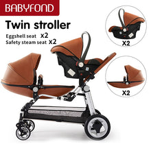 Load image into Gallery viewer, Fast shipping ! Luxury twins stroller aluminum frame leather twin  pram baby can sit and lying with car seat double stroller